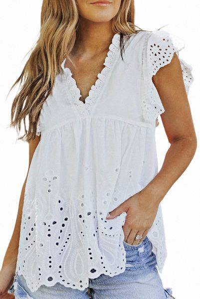 

white perforating pattern ruffled sleeves sheer babydoll w9md#