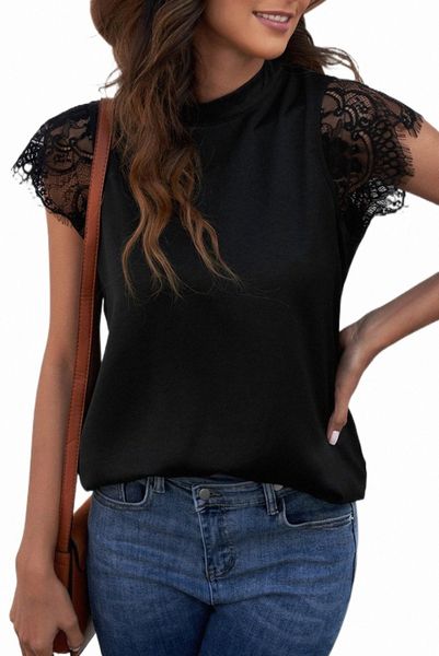 

black lace splicing tie knot mock neck t-shirt 84hj#, White