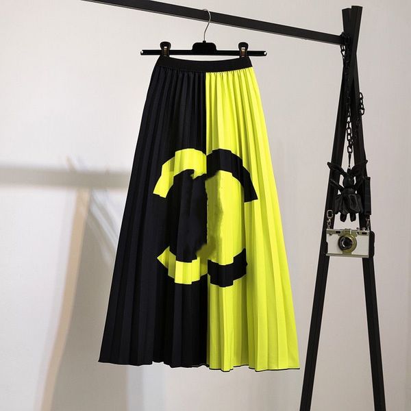 

desinger new pleated skirt fashion letter print lady summer skirt a line designed dress with floral decoration elastic waist plus size fit a, Black