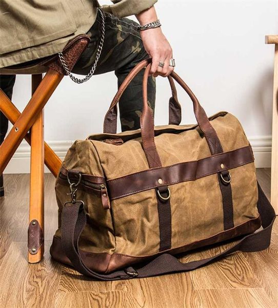 

waterproof waxed canvas leather men travel bag hand luggage carry on large tote vintage duffle weekend big overnight 2111188982562