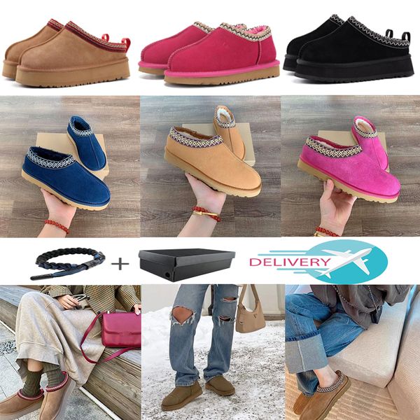 

tasman slippers chestnut fur slides sheepskin shearling tazz mules women men ultra mini platform boot slip-on shoes suede upper comfort fall, Black