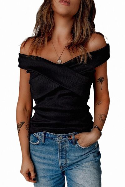 

black ribbed criss cross off shoulder 2023 new t7wj#, White