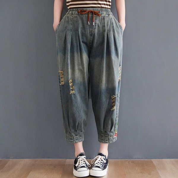 

jeans women anklelength casual jeans new 2021 summer vintage style floral embroidery hole loose female high waist denim pants s3959, Blue