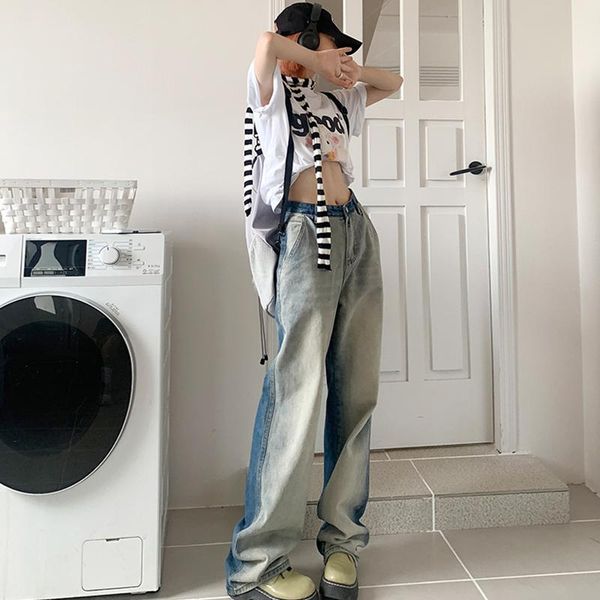 

jeans women's bottoms blue contrasting colors jeans baggy straight wide leg pants street fashion mopping denim trouser ladies summer