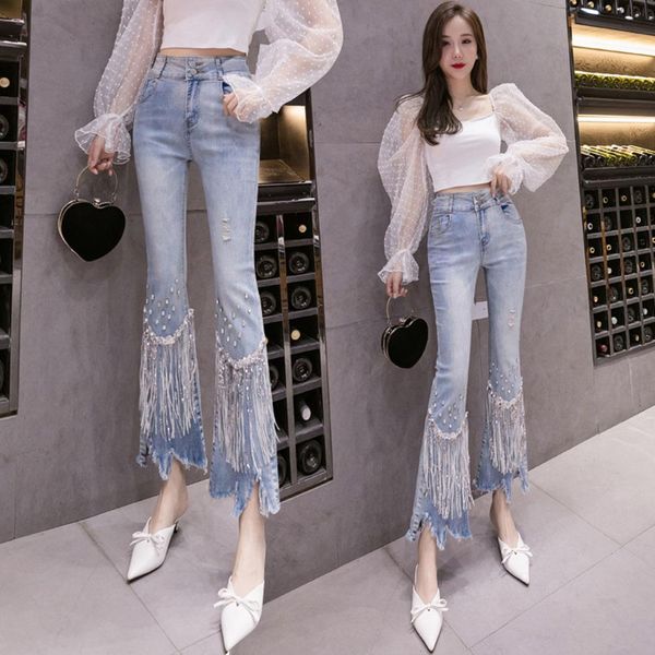 

jeans sequins diamond jeans women solid tassel slim irregular pants ladies 2022 winter new street style high waist trousers, Blue