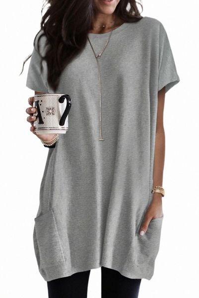 

gray side pockets short sleeve tunic 2023 new u17x#, White