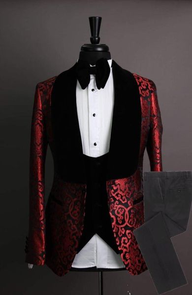 

custom made groomsmen shawl velvet lapel groom tuxedos red and black men suits wedding man blazer jacketpantsbow tievest5656204, Black;gray