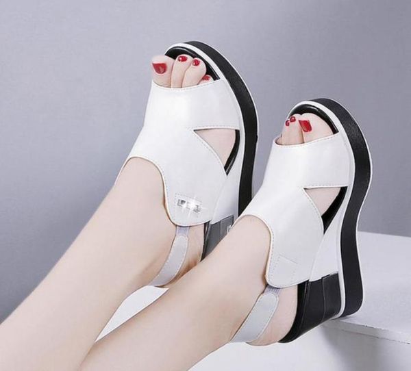 

summer shoes ladies wedge peep toe sandals 2021 new platform height increasing leather non slip sole women fashion casual sandal6669846, Black