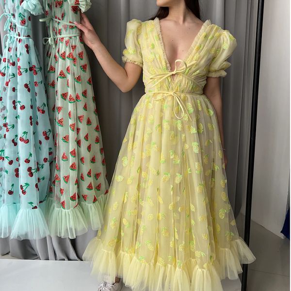 

basic casual dresses gaono women party long dress short sleeve v neck tie-up front high waist fruit sequins ruffle tulle hem princess dress, Black;gray