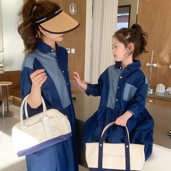

family matching outfits spring autumn 2 3 412 years daughter mom kids girls women korean long sleeve patchwork denim dress 230518, Blue