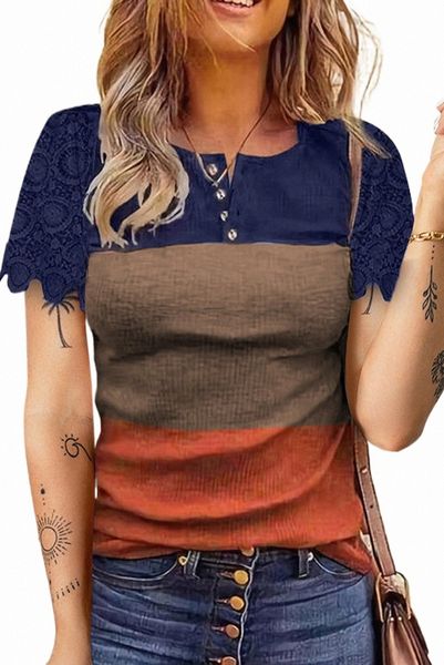 

buttons lace splicing short sleeve color block k4yt#, White