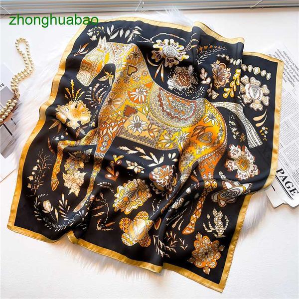 

hemres designer scarves flower horse women's imitation silk square hair tie bag versatile fashion shirt scarf, Blue;gray
