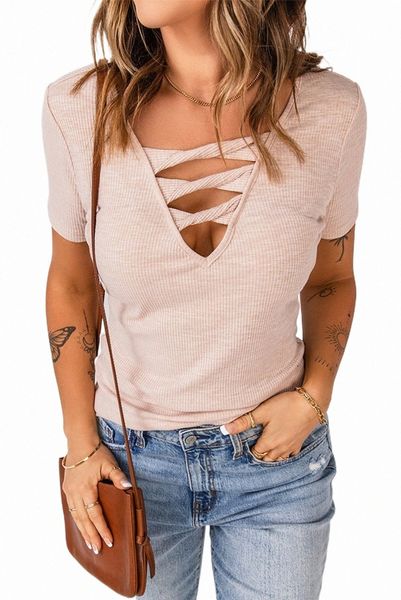 

apricot strappy hollow-out neck rib knit t shirt k6wn#, White