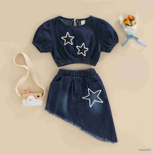 

clothing sets summer girls set fashion children clothes set star denim short sleeve and irregular hem skirt children's clothing r230518, White