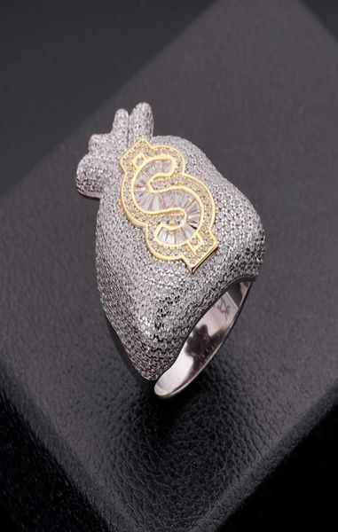 

custom made hip hop luxury men iced out baguette dollar symbol sign money bag ring1233033, Golden;silver