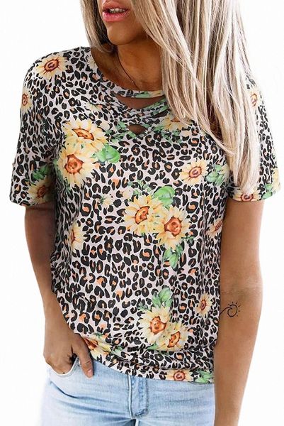 

leopard sunflower hollow out criss-cross tee h6od#, White