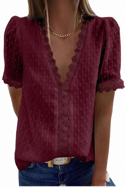 

wine red lace splicing v-neck swiss dot short sleeve o88y#, White
