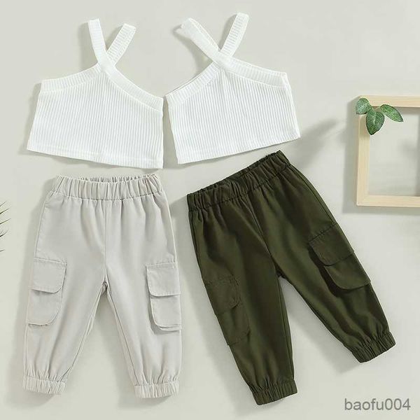 

clothing sets summer girls clothing sets solid color sleeveless and stretch casual cargo pants baby clothes children kids outfits r230518, White