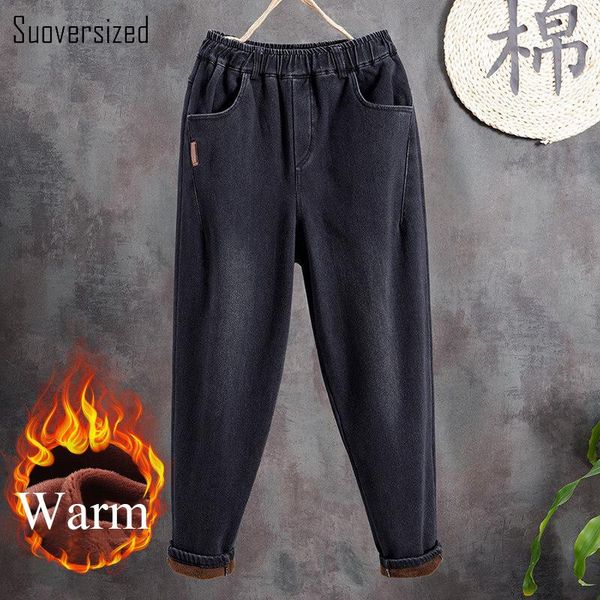 

jeans women fleece lined thicken harem jeans winter warm high waist do old capris denim pants streetwear oversized cowboy trouser, Blue
