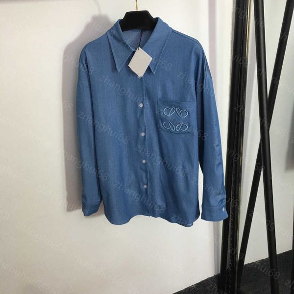 

23ss high neck blouse women shirt womens designer clothing lapel chest logo embroidered pocket long sleeve denim shirt women clothes, White