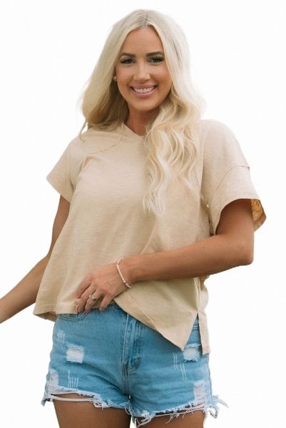 

apricot solid patched side slit t shirt 2023 new j129#, White