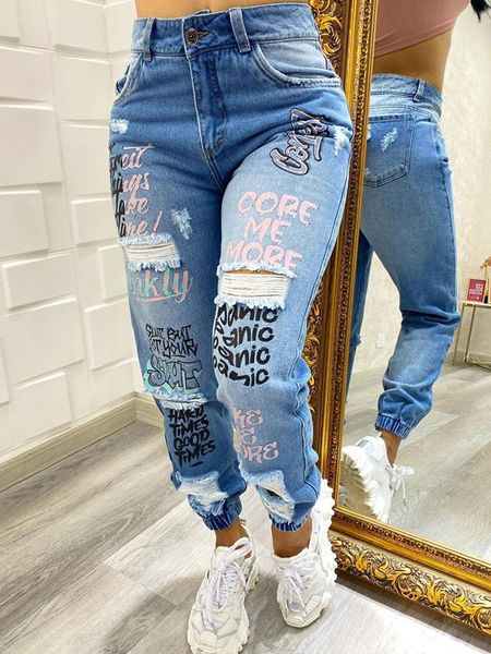 

jeans letter print slant pocket ripped jeans women casual denim pants, Blue