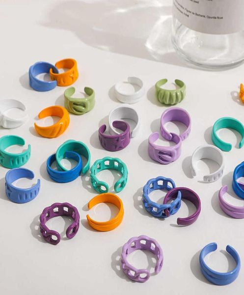 

2021 new trendy handpainted candy color dripping oil geometric chain rings for women multicolor irregular open rings jewelry q0704217831, Silver