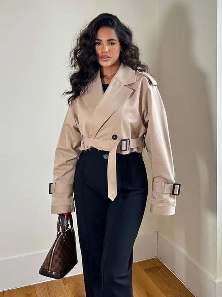 

women's jackets khaki cropped lapel collar trench long sleeves with belt double-breasted jacket high street casual loose coats 230518, Black;brown