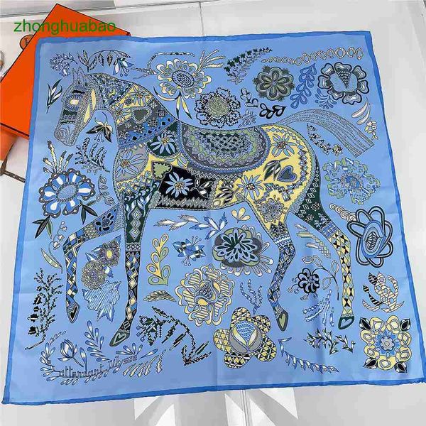 

hemres designer scarves mounted decorative silk colorful horse flower 90x90cm square women's autumn handmade curled scarf, Blue;gray