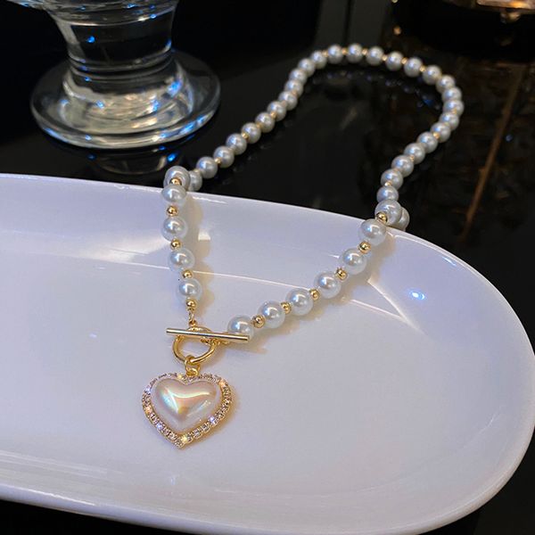 

pendant necklaces luxury heart shape vintage pearl women elegant charm french romantic style clavicle chain commemorative gift 230517, Silver