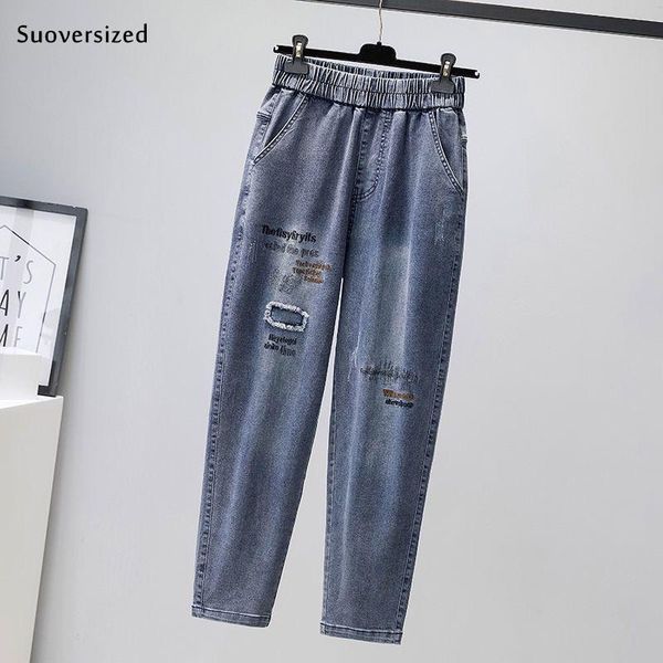 

jeans women letter embroidery ripped vintage jeans high waist cargo denim pants ladies capris harem trousers korean fashion vaqueros, Blue