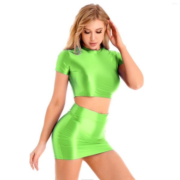 

womens skirt sets y2k clothes two piece sets rave outifit clubwear smooth round neck short sleeve crop with high waist skirt, Black