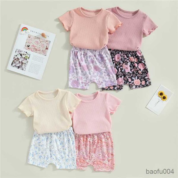 

clothing sets summer girls clothing sets casual waffle short sleeve t-shirt and elastic floral shorts baby clothes children kids outfits r23, White