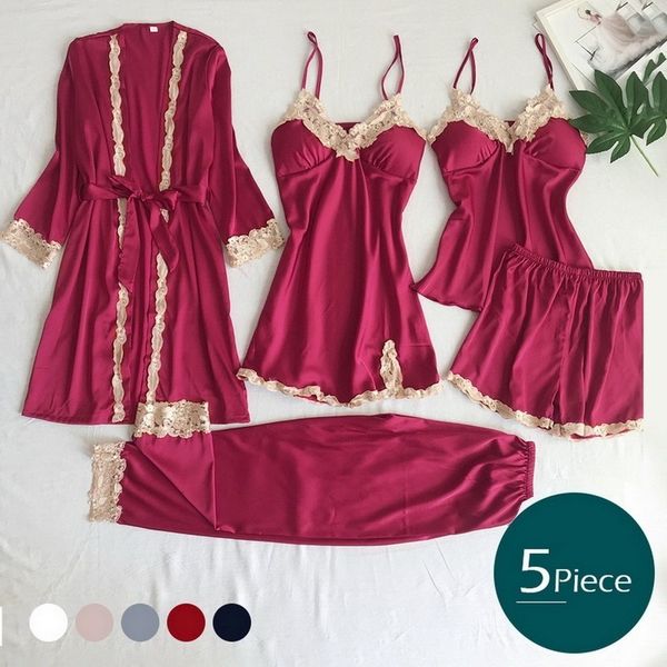 

women's sleepwear pajama set women lace trim satin sleepwear pyjamas pour femme summer nightwear with pants casual home wear kimono rob, Black;red