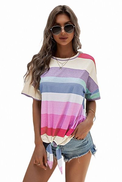 

multicolor striped short sleeve with knot h1f6#, White