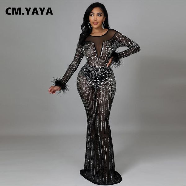 

dresses cm.yaya women diamonds drill mesh see though feather long sleeve mermaid maxi dress night party dresses winter spring, Black;gray