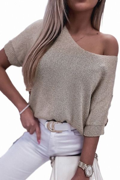 

khaki short sleeve knitted sweater 2023 new v6f2#, White