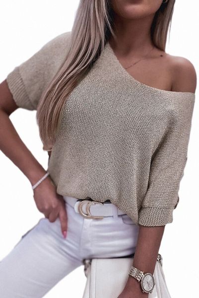 

khaki short sleeve knitted sweater 2023 new u1tv#, White