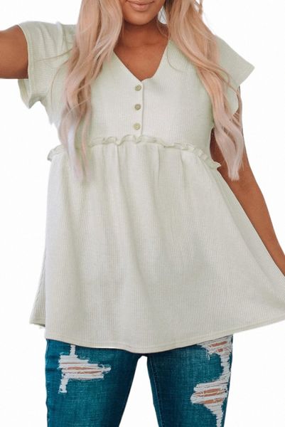 

beige buttons v neck waffle knit babydoll t2de#, White