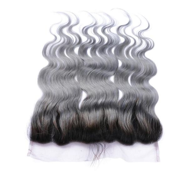 

1bgrey ombre brazilian human hair 13x4 ear to ear lace frontals body wave two tone silver grey lace frontal closure bleached kno6321256, Black;brown