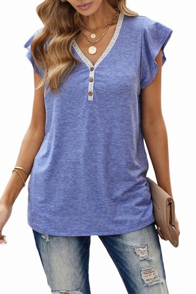 

v neck buttoned lace trim short sleeve tee 2023 new g9ql#, White