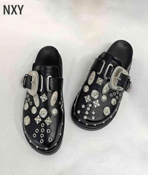 

sandals summer sandal women slippers platform rivets punk rock leather mules creative metal fittings casual party shoes female out9400144, Black