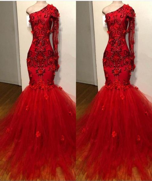

red long sleeve mermaid prom dresses tulle lace ruffle one shouler zipper up court train evening dresses pagent gowns7854708, Black