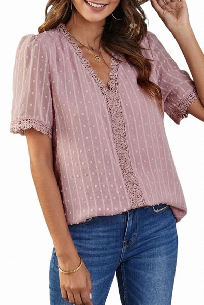 

pink lace splicing v-neck swiss dot short sleeve p49t#, White