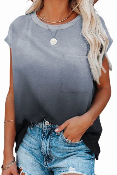 

gray gradient color short sleeve t-shirt with pocket t5wl#, White