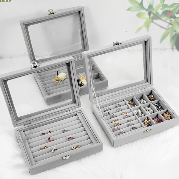 

jewelry stand fashion portable velvet glass ring display storage box tray holder earrings case showcase 230517, Black