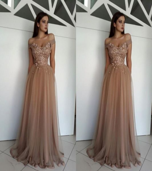 

2018 elegant off the shoulder evening dresses flowers pearl tulle floor length brown formal evening dresses zipper up3771328, Black;red