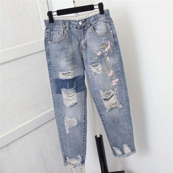 

jeans plus size hole harem pants women streetwear loose mom jeans embroidery casual denim trousers boyfriend ripped ladies jeans c7274, Blue