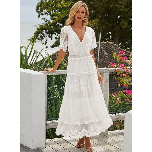 

basic casual dresses hollow out white dress women long lace dress cross semi-sheer plunge v-neck short sleeve lace maxi dress simple solid 2, Black;gray
