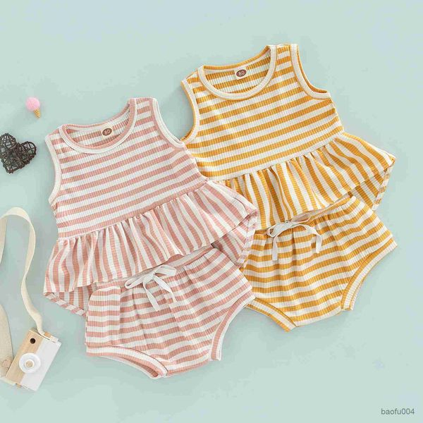 

clothing sets baby pants suit sleeveless round neck stripes shirt drawstring short trousers kid girl suit r230518, White